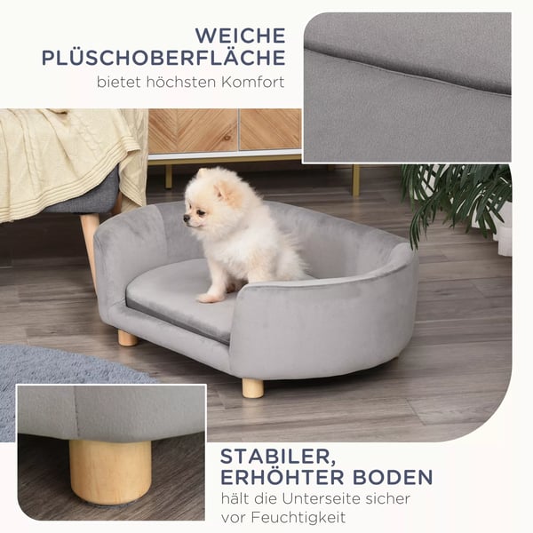 PawHut Kæledyrssofa Lysegrå Hollandsk Fløjl, Skum, Birk Træben til Hunde/Katte - 86x55x33 cm