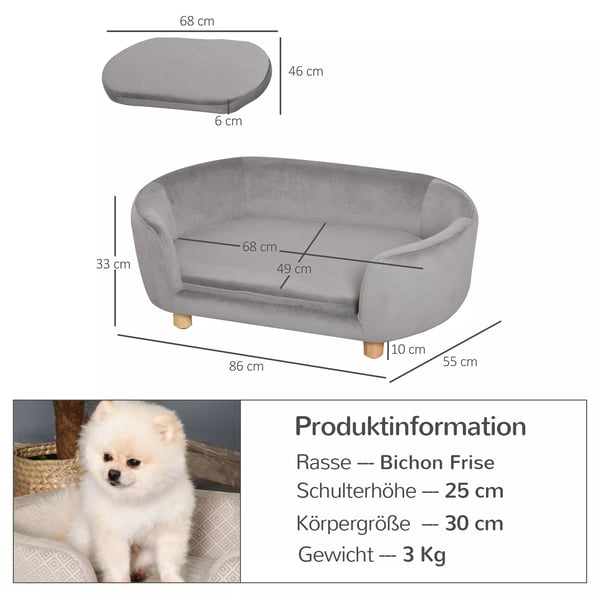 PawHut Kæledyrssofa Lysegrå Hollandsk Fløjl, Skum, Birk Træben til Hunde/Katte - 86x55x33 cm