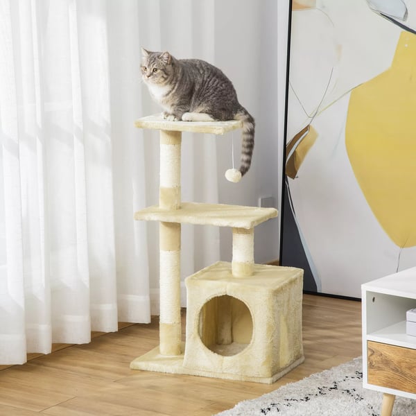 PawHut kradsetræ til katte i beige med sisal og plys, 50x30x80 cm