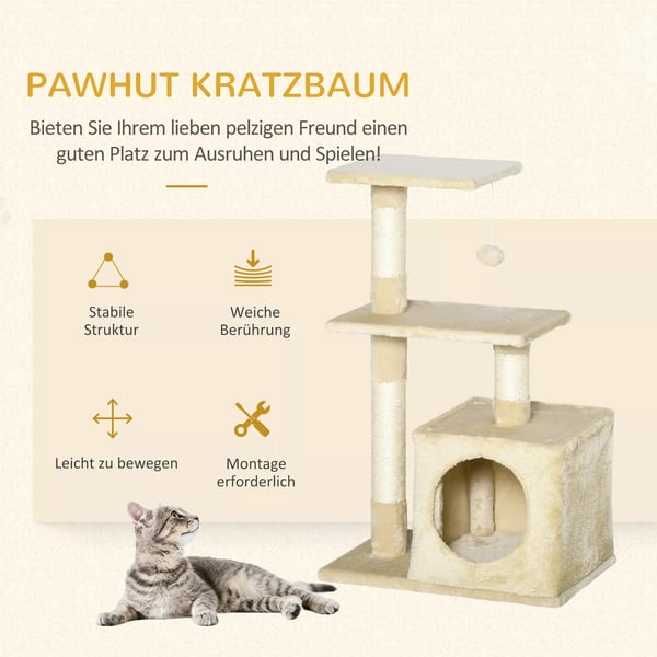 PawHut kradsetræ til katte i beige med sisal og plys, 50x30x80 cm