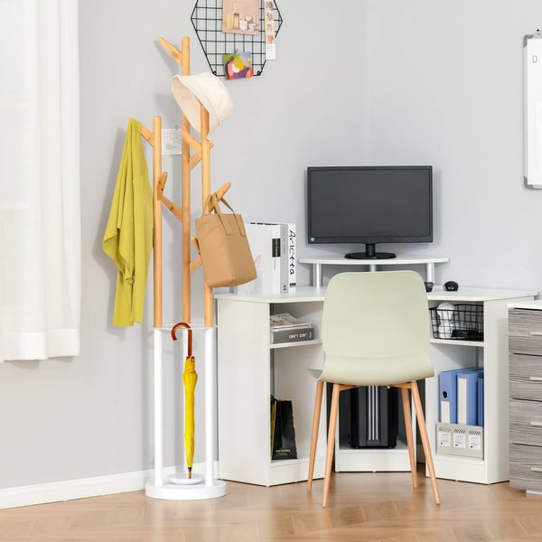 HOMCOM tøjstativ, garderobestativ med 13 kroge, moderne paraplyholder, metal og bambus, natur+hvid