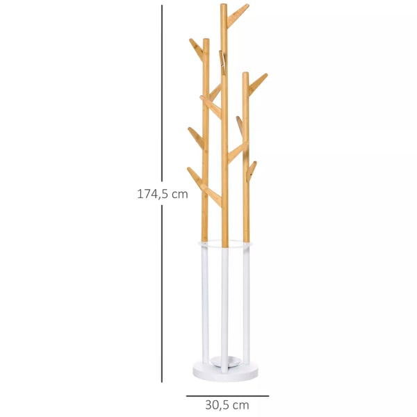 HOMCOM tøjstativ, garderobestativ med 13 kroge, moderne paraplyholder, metal og bambus, natur+hvid