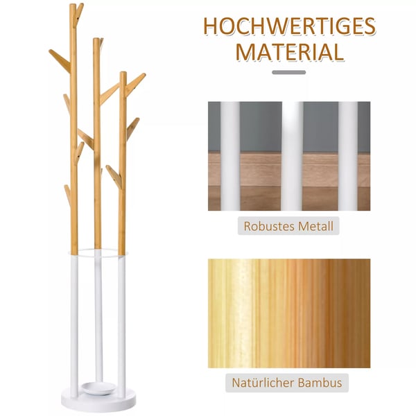 HOMCOM tøjstativ, garderobestativ med 13 kroge, moderne paraplyholder, metal og bambus, natur+hvid