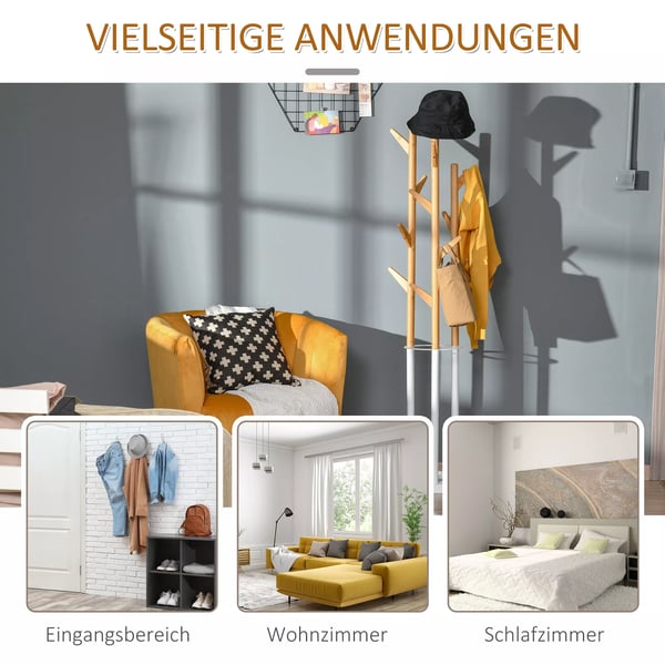 HOMCOM tøjstativ, garderobestativ med 13 kroge, moderne paraplyholder, metal og bambus, natur+hvid