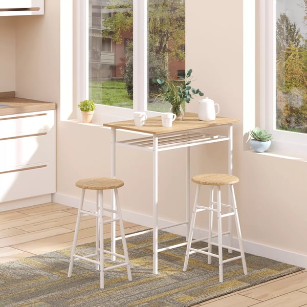 HOMCOM Barbord med 2 Barstole - Hvid/Eg MDF og Stål - Industrielt Design med Opbevaring