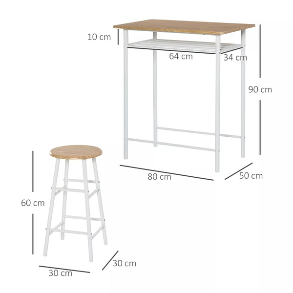 HOMCOM Barbord med 2 Barstole - Hvid/Eg MDF og Stål - Industrielt Design med Opbevaring