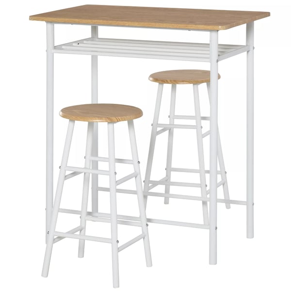 HOMCOM Barbord med 2 Barstole - Hvid/Eg MDF og Stål - Industrielt Design med Opbevaring