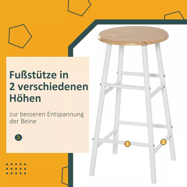 HOMCOM Barbord med 2 Barstole - Hvid/Eg MDF og Stål - Industrielt Design med Opbevaring