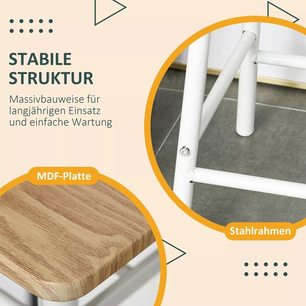 HOMCOM Barbord med 2 Barstole - Hvid/Eg MDF og Stål - Industrielt Design med Opbevaring