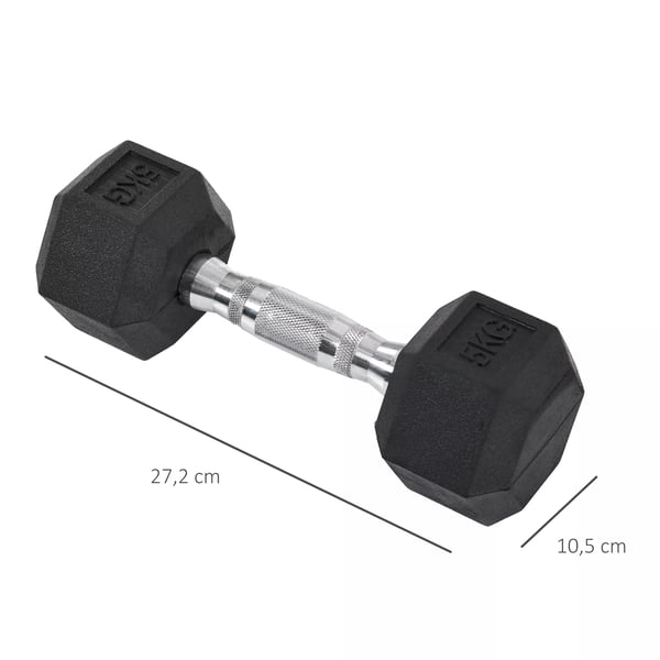 HOMCOM 2 x 5 kg Seks Lige Hantler, Set med 2, Stpbejern med Gummi Overtrek, Sort