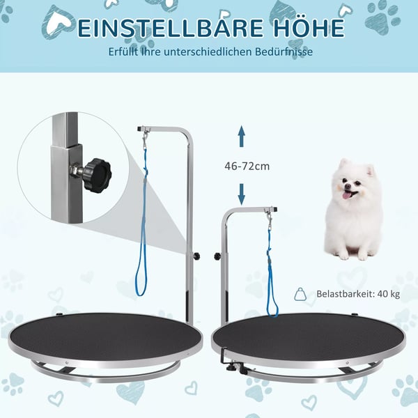 PawHut trimbord, plejebord, drejeligt, tørrebord med justerbar arm, skridsikker bordplade, låsesystem, aluminiumslegering, rustfrit stål