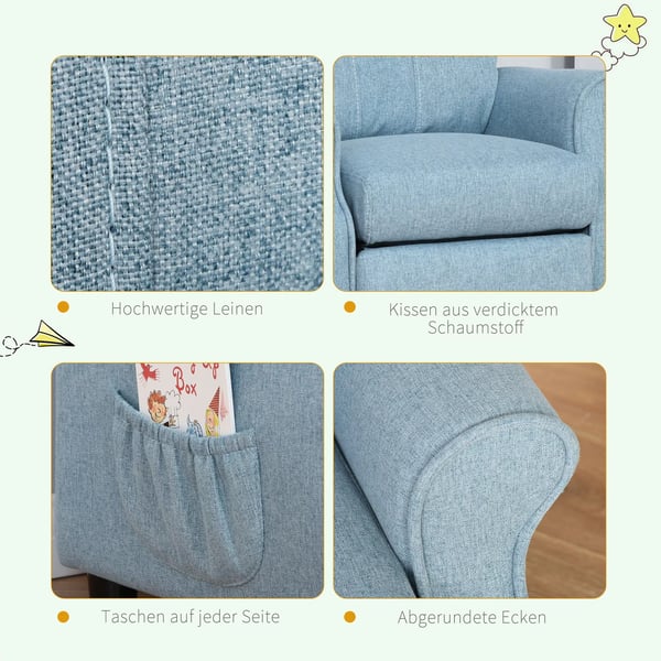 HOMCOM Lasten Sohva Lepotuolilla, Jalkatuella, Sininen, 3-5v, 58x53x70cm