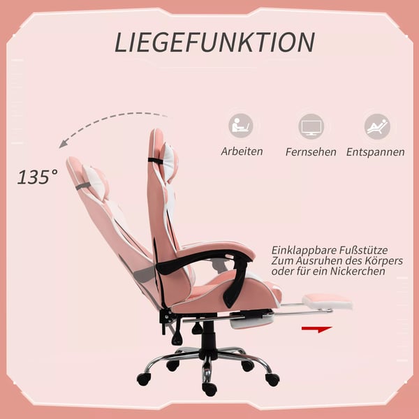 Vinsetto Gamingstol - Ergonomisk Kontorstol m/højdejustering, nakkestøtte, fodstøtte, Pink/Hvid