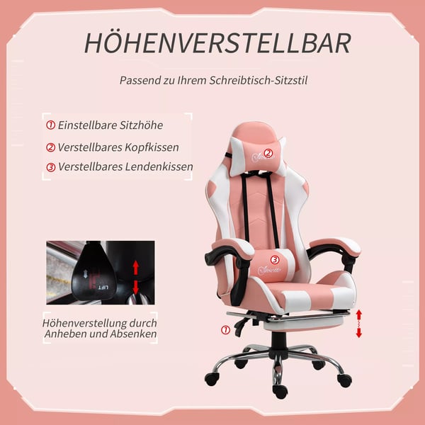 Vinsetto Gamingstol - Ergonomisk Kontorstol m/højdejustering, nakkestøtte, fodstøtte, Pink/Hvid