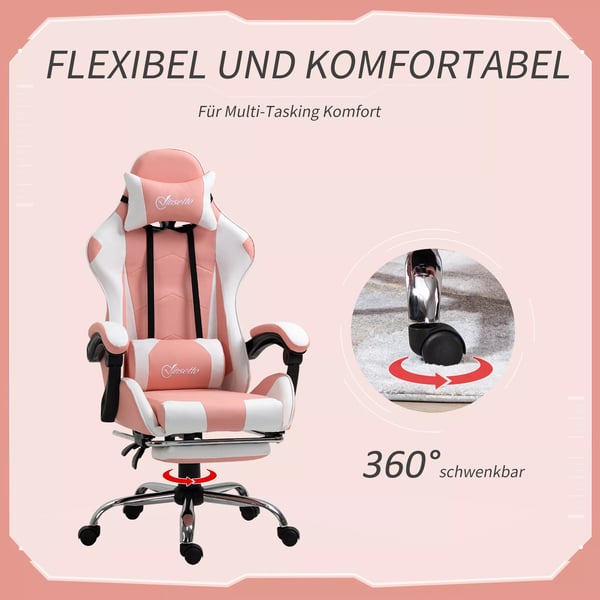 Vinsetto Gamingstol - Ergonomisk Kontorstol m/højdejustering, nakkestøtte, fodstøtte, Pink/Hvid