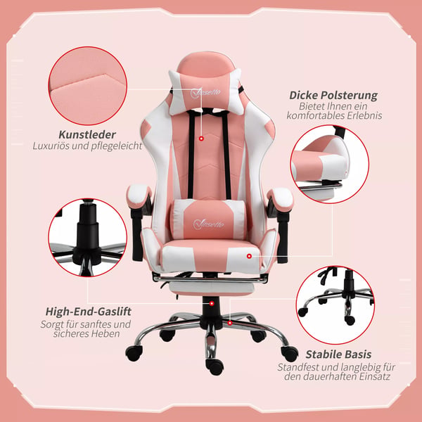 Vinsetto Gamingstol - Ergonomisk Kontorstol m/højdejustering, nakkestøtte, fodstøtte, Pink/Hvid