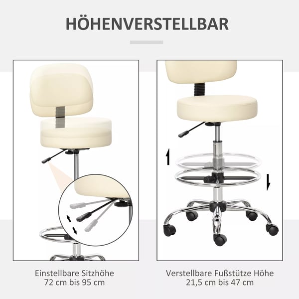 HOMCOM Drejelig Forhjelsesstol med Ryglæn, Justerbar i Beige PU-Læder og Stål, 56x57x104-127cm