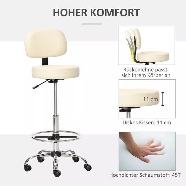 HOMCOM Drejelig Forhjelsesstol med Ryglæn, Justerbar i Beige PU-Læder og Stål, 56x57x104-127cm