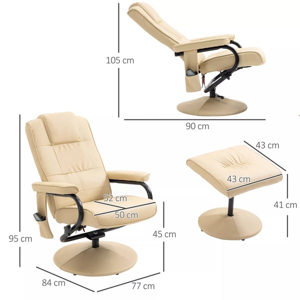 HOMCOM Massagestol med Liggende Funktion og Skammel, Kunstlæder, Creme - 77x84x95 cm