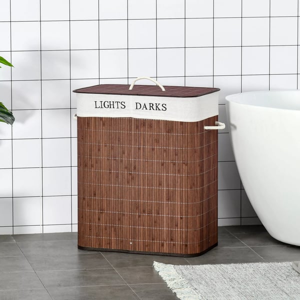 HOMCOM Vasketøjskurv i Bambus med 2 Rum, Vaskbar Pose, Håndtag - Brun/Hvid 52x32x63cm