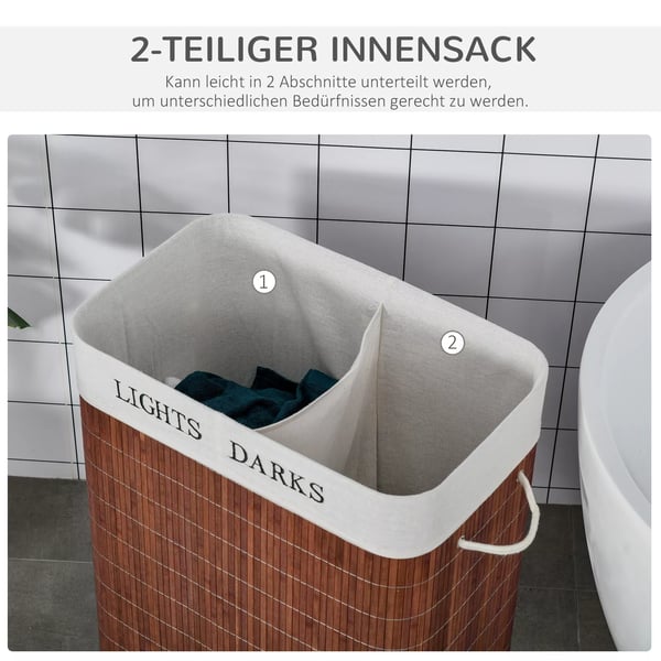HOMCOM Vasketøjskurv i Bambus med 2 Rum, Vaskbar Pose, Håndtag - Brun/Hvid 52x32x63cm
