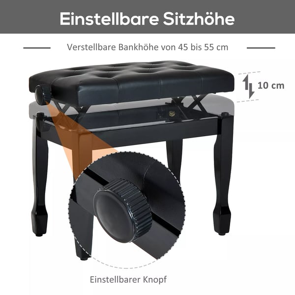 HOMCOM Klaverbænk - Højdejusterbar, Sort Kunstlæder & Massivt Træ, 64x35x45-55 cm