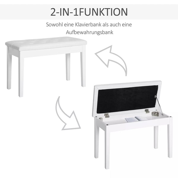 HOMCOM pianopall pianobänk traditionell lantlig stil kosmetisk pall förvaring gummiträ konstläder vit 76 x 36 x 50 cm