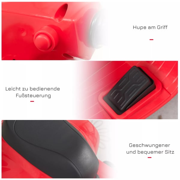 HOMCOM Barn elmotorcykel VESPA, Röd, 18-36 månader, 6V batteri, LED-ljus, 3 km/h topphastighet, metall/plast