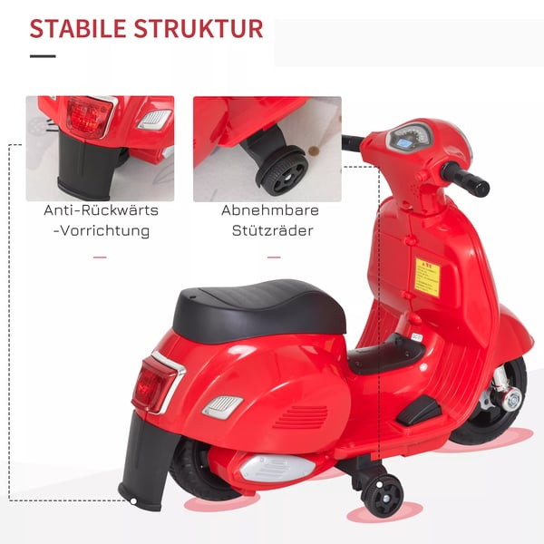 HOMCOM Barn elmotorcykel VESPA, Röd, 18-36 månader, 6V batteri, LED-ljus, 3 km/h topphastighet, metall/plast