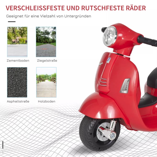 HOMCOM Barn elmotorcykel VESPA, Röd, 18-36 månader, 6V batteri, LED-ljus, 3 km/h topphastighet, metall/plast