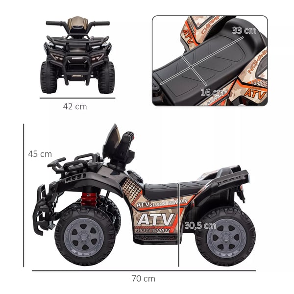 HOMCOM Mini-sähkömönkijä lasten sähköinen ATV, LED-etuvalo, lasten ajoneuvo 18–36 kuukauden ikäisille, metalli/PP-muovi, musta, 70 x 42 x 45 cm