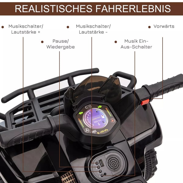HOMCOM Mini-sähkömönkijä lasten sähköinen ATV, LED-etuvalo, lasten ajoneuvo 18–36 kuukauden ikäisille, metalli/PP-muovi, musta, 70 x 42 x 45 cm