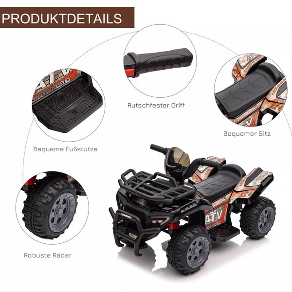 HOMCOM Mini-sähkömönkijä lasten sähköinen ATV, LED-etuvalo, lasten ajoneuvo 18–36 kuukauden ikäisille, metalli/PP-muovi, musta, 70 x 42 x 45 cm