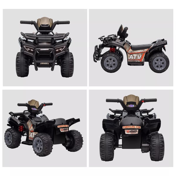 HOMCOM Mini-sähkömönkijä lasten sähköinen ATV, LED-etuvalo, lasten ajoneuvo 18–36 kuukauden ikäisille, metalli/PP-muovi, musta, 70 x 42 x 45 cm