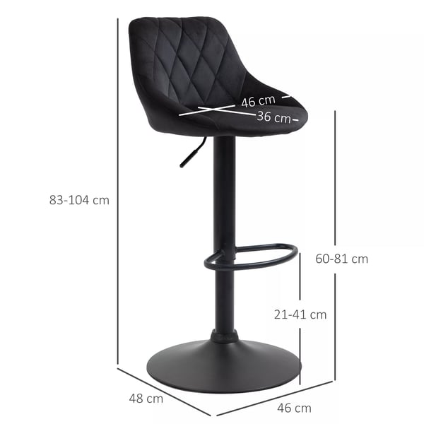 HOMCOM barstole, sæt med 2, højdejusterbare, sort, bistrostol, fodstøtte, ryglæn, fløjl, metal, 46x48x83-104 cm