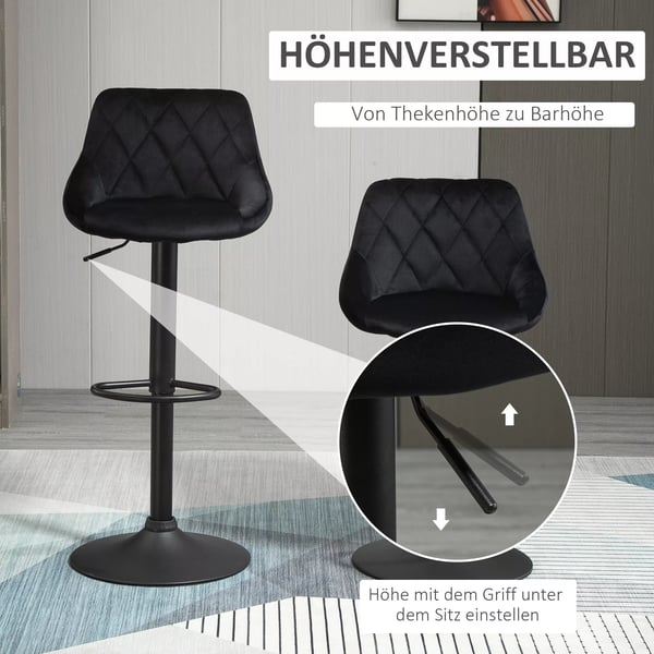 HOMCOM barstole, sæt med 2, højdejusterbare, sort, bistrostol, fodstøtte, ryglæn, fløjl, metal, 46x48x83-104 cm