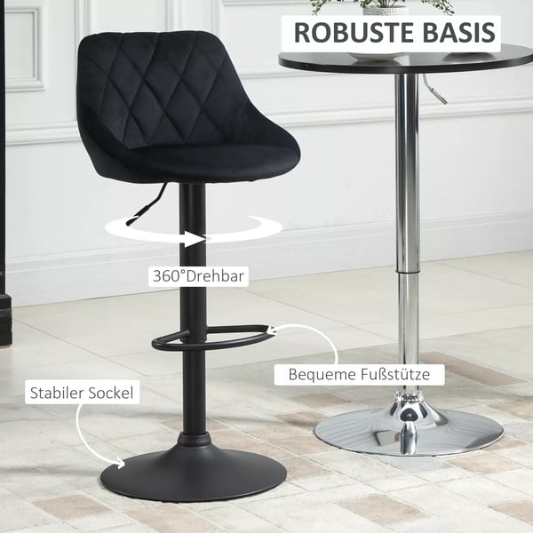 HOMCOM barstole, sæt med 2, højdejusterbare, sort, bistrostol, fodstøtte, ryglæn, fløjl, metal, 46x48x83-104 cm