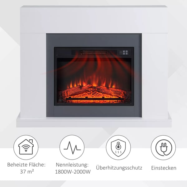Elektrisk Elstad St'ende med Flamm-Effekt, 1800/2000W - Vit MDF & Glas