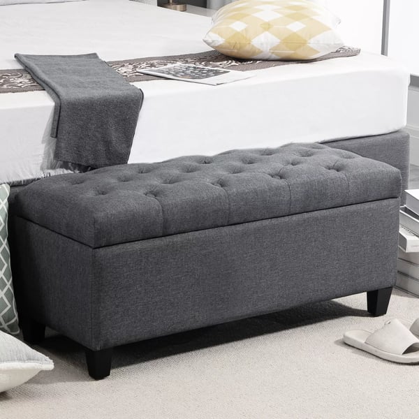 HOMCOM bænk, polstret bænk med opbevaring, kistebænk, hør-lignende polyester, gummitræ, mørkegrå, 100 x 40 x 44 cm