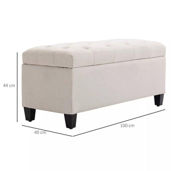 polstret opbevaringsbænk i cremefarvet polyester, 100x40x44 cm