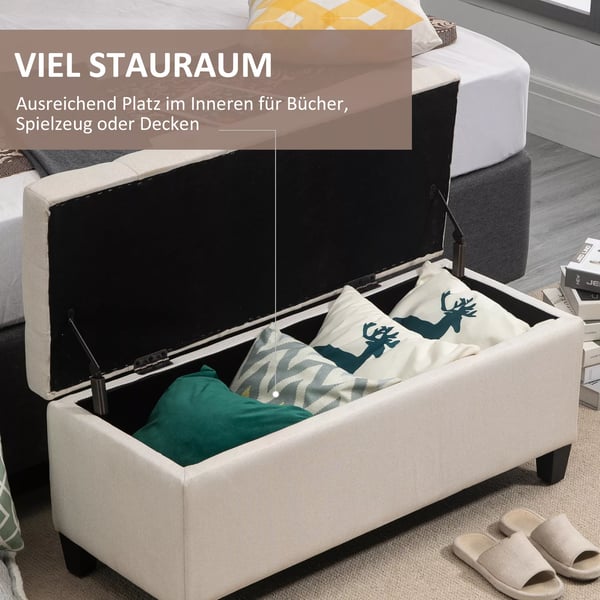 polstret opbevaringsbænk i cremefarvet polyester, 100x40x44 cm