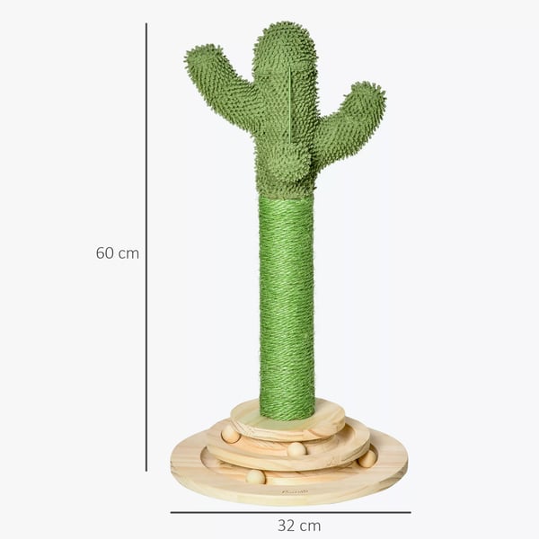 Klösträd Kaktusdesign, Furu & Sisalrep, med trädleksak i träkulor, 60cm, Grön+Natur