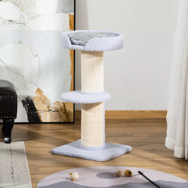 Katte Træ - Legestativ med Kradsetræ, Platform, Sisal & Plys - Lyseblå, Polyester - 45x45x91cm