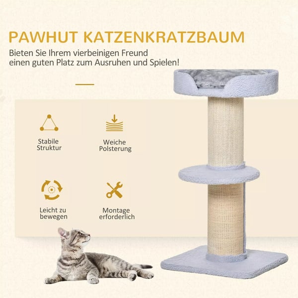 Katte Træ - Legestativ med Kradsetræ, Platform, Sisal & Plys - Lyseblå, Polyester - 45x45x91cm