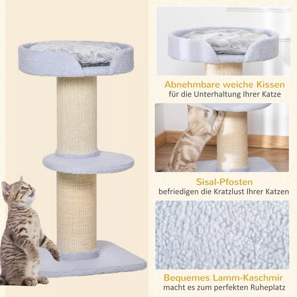 Katte Træ - Legestativ med Kradsetræ, Platform, Sisal & Plys - Lyseblå, Polyester - 45x45x91cm