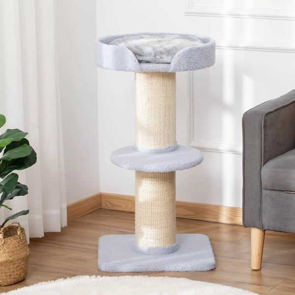 Katte Træ - Legestativ med Kradsetræ, Platform, Sisal & Plys - Lyseblå, Polyester - 45x45x91cm