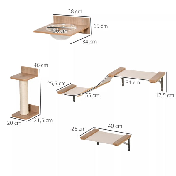 PawHut Kattesæt til Væggen: 4-delt Klatrevæg med Hængekøjer, Kradsetræ og Springplatform - Lysebrun, Sisal, Polyester, Fyrretræ, Akryl, Stål