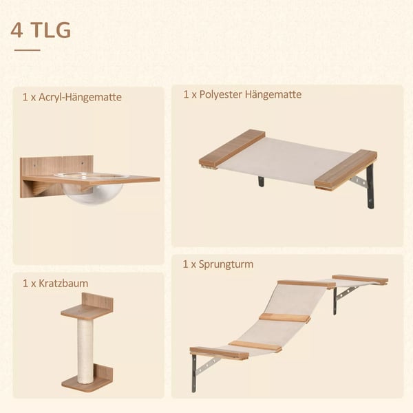 PawHut Kattesæt til Væggen: 4-delt Klatrevæg med Hængekøjer, Kradsetræ og Springplatform - Lysebrun, Sisal, Polyester, Fyrretræ, Akryl, Stål
