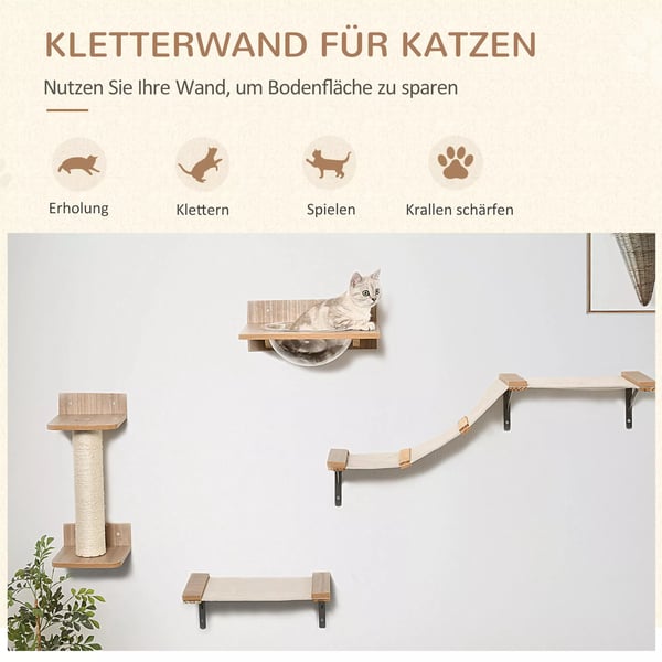 PawHut Kattesæt til Væggen: 4-delt Klatrevæg med Hængekøjer, Kradsetræ og Springplatform - Lysebrun, Sisal, Polyester, Fyrretræ, Akryl, Stål