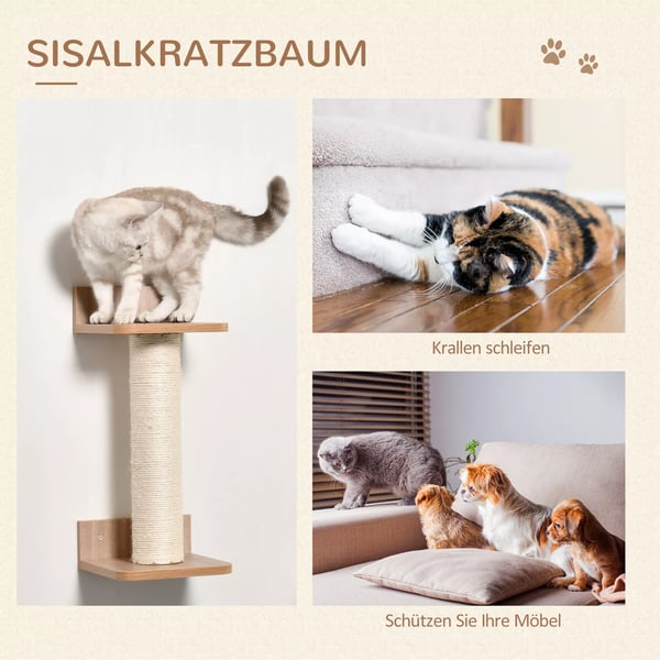 PawHut Kattesæt til Væggen: 4-delt Klatrevæg med Hængekøjer, Kradsetræ og Springplatform - Lysebrun, Sisal, Polyester, Fyrretræ, Akryl, Stål